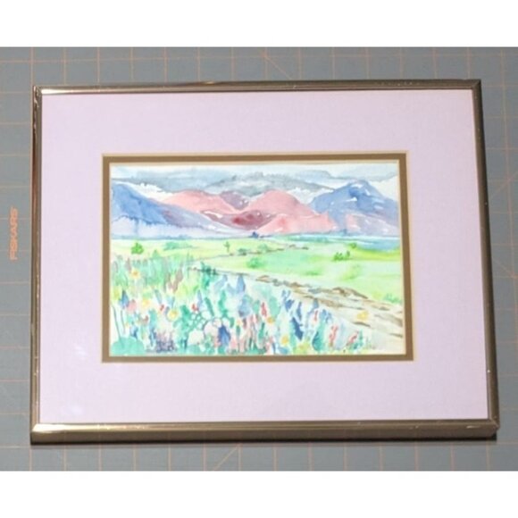 Framed Watercolor Landscape Painting Lavender Mat Rose-Gold Frame signed - Picture 15 of 15